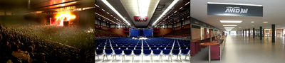 Drei verschiedene Impressionen aus der Swiss Life Hall Hannover: Konzert, bestuhlter Saal, Foyer