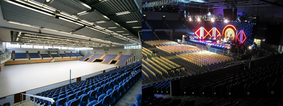 Die Collage zeigt die Gestaltung des Innenraums der Sporthalle Hamburg an zwei verschiedenen Veranstaltungen.