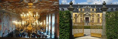 Die Collage zeigt zum einen den Kronleuchter im Inneren der Galerie und zum anderen das goldene Tor auf der Auffahrt zum Galeriegebäude in Herrenhausen.
