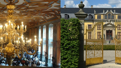 Ein Bild des Kronleuchters im Inneren der Galerie und ein Bild des goldenen Tors zur Auffahrt des Galeriegebäudes Herrenhausen. 